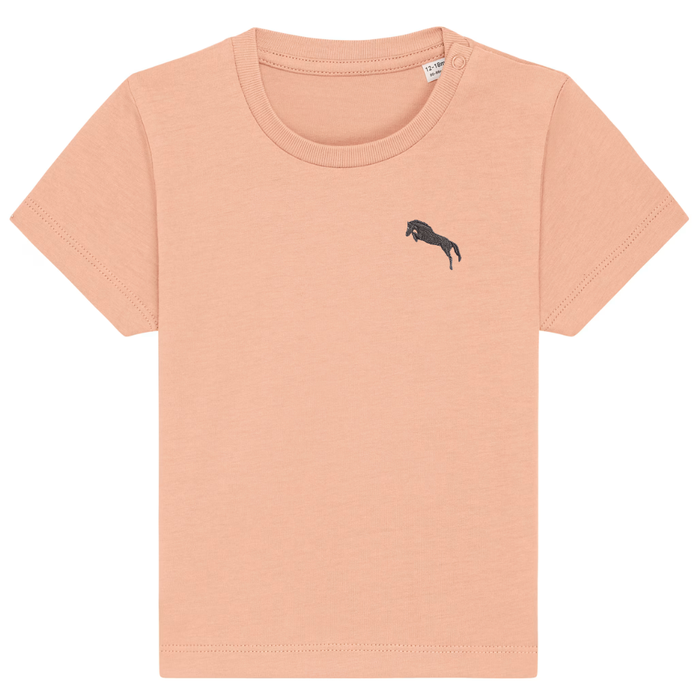 Heytoki Baby-T-Shirt aus Bio-Baumwolle in Fraiche Peche (Pfirsich) mit gesticktem Pferdemotiv