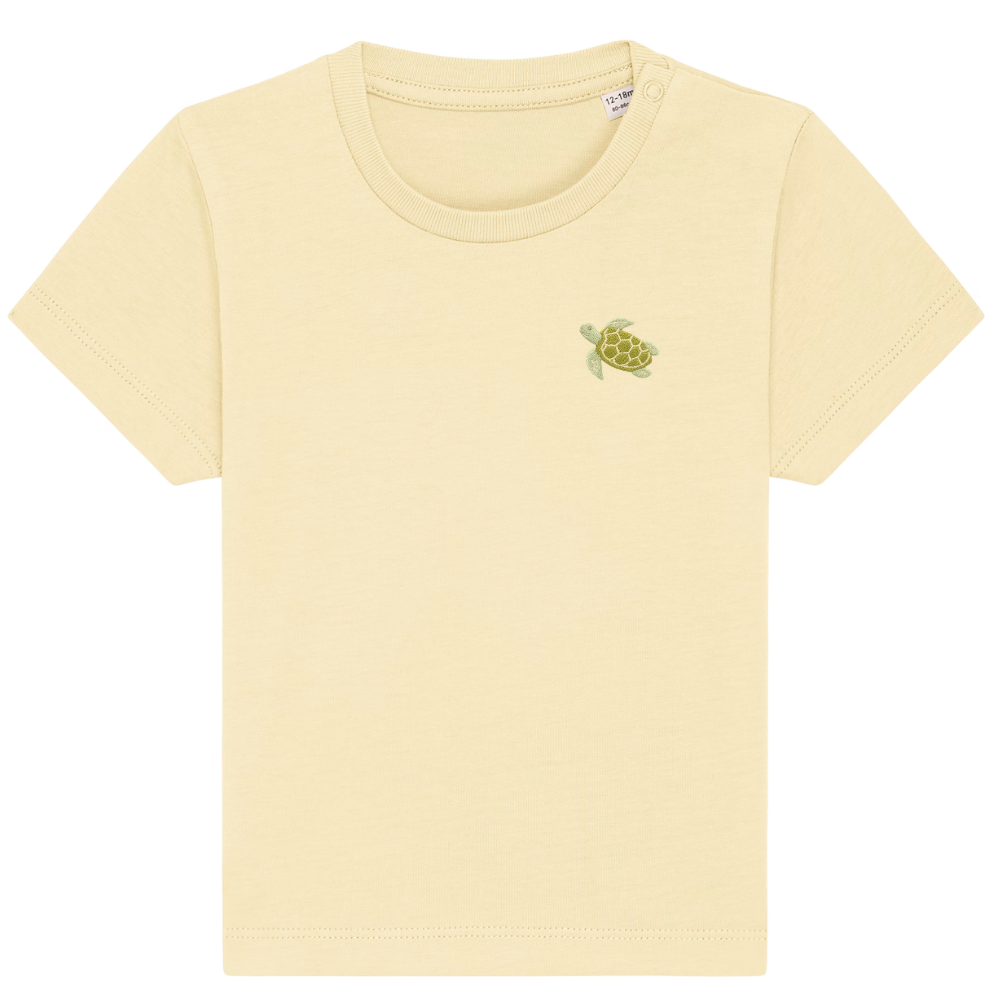 Heytoki Baby-T-Shirt aus Bio-Baumwolle in Butter mit gesticktem Schildkrötenmotiv