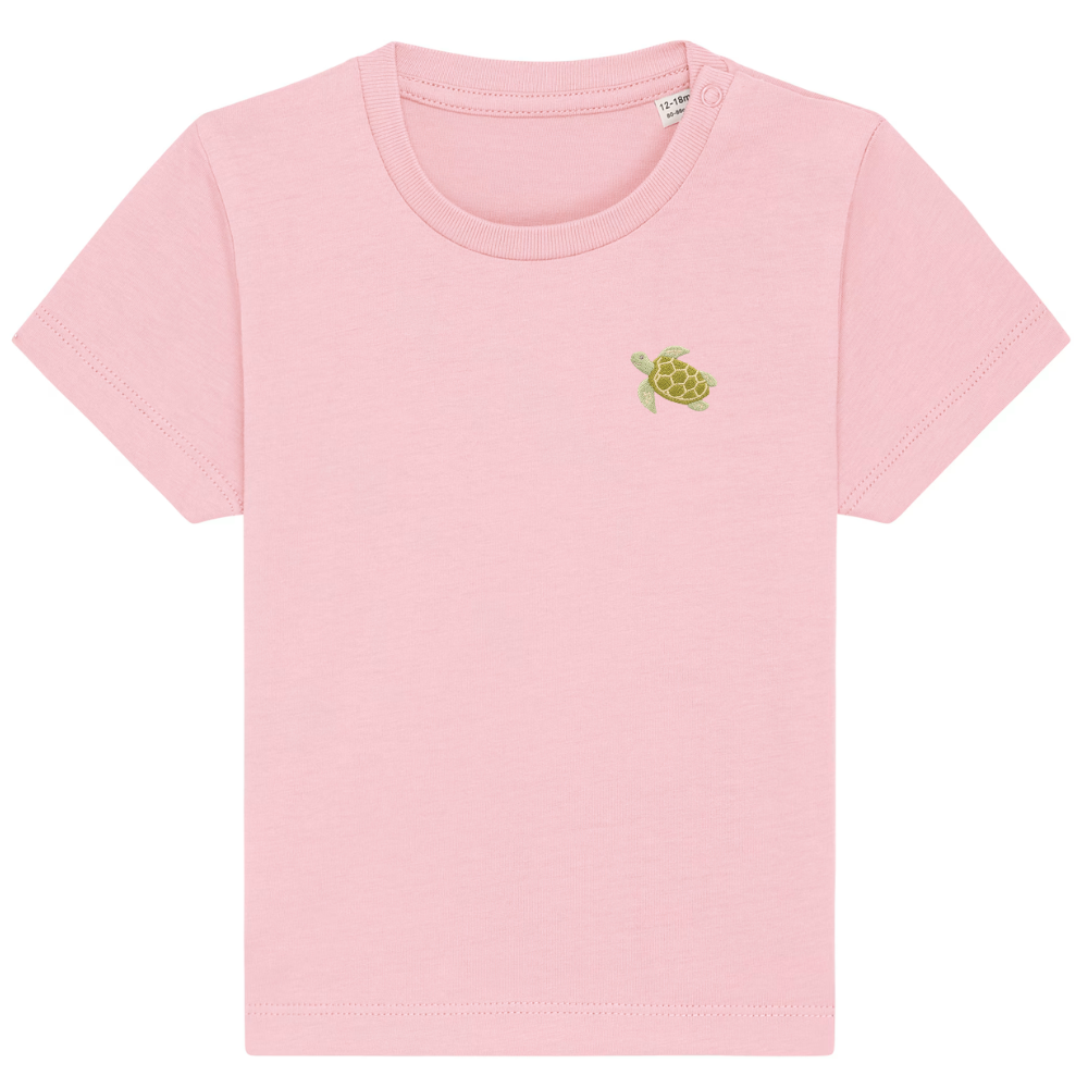 Heytoki Baby-T-Shirt aus Bio-Baumwolle in Cotton Pink (Rosa) mit gesticktem Schildkrötenmotiv