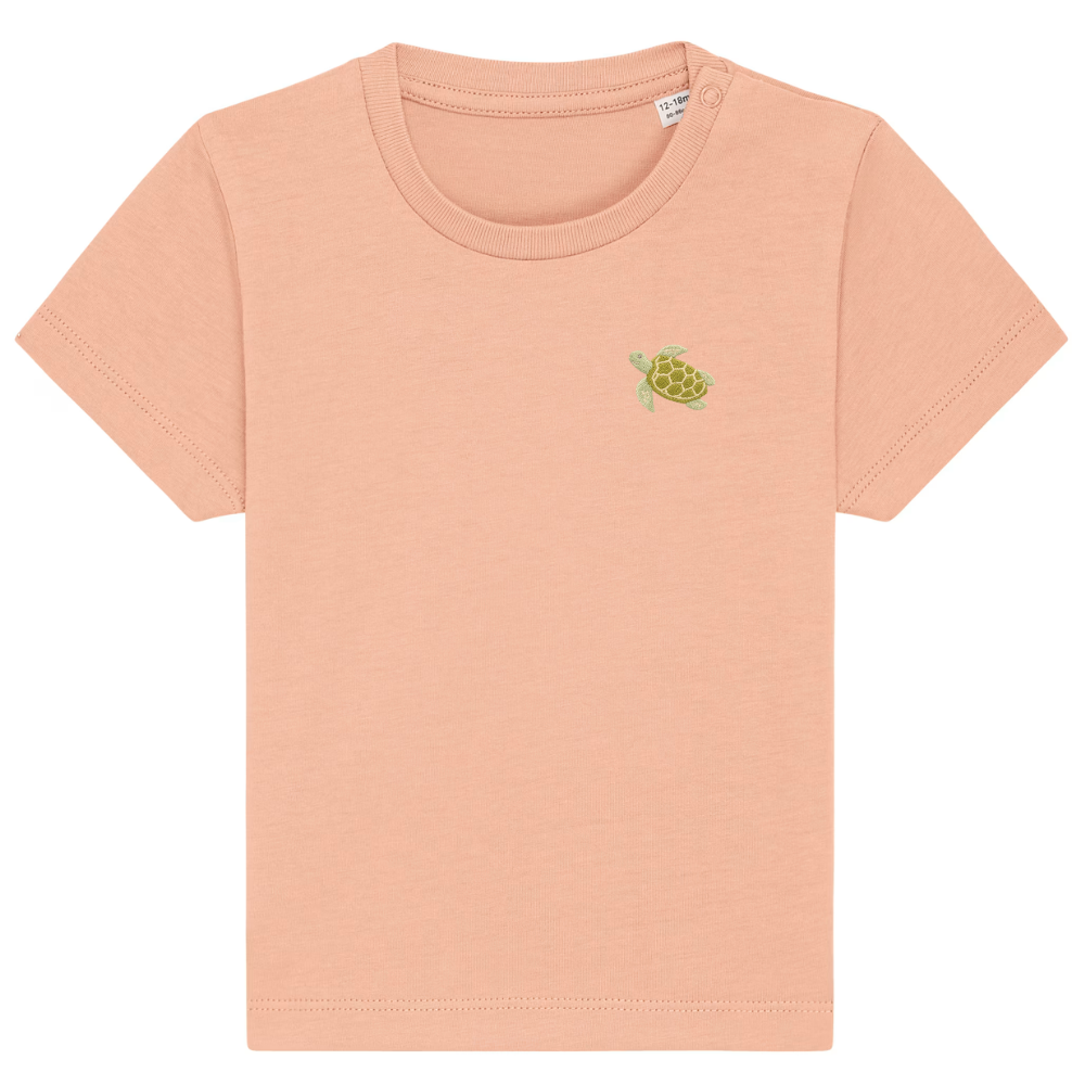 Heytoki Baby-T-Shirt aus Bio-Baumwolle in Fraiche Peche (Pfirsich) mit gesticktem Schildkrötenmotiv