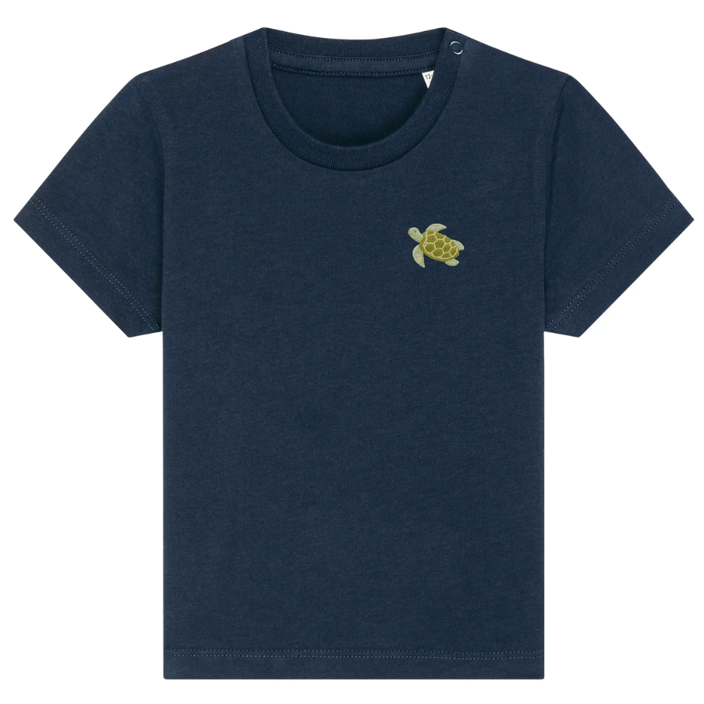 Heytoki Baby-T-Shirt aus Bio-Baumwolle in French Navy (Dunkelblau) mit gesticktem Schildkrötenmotiv