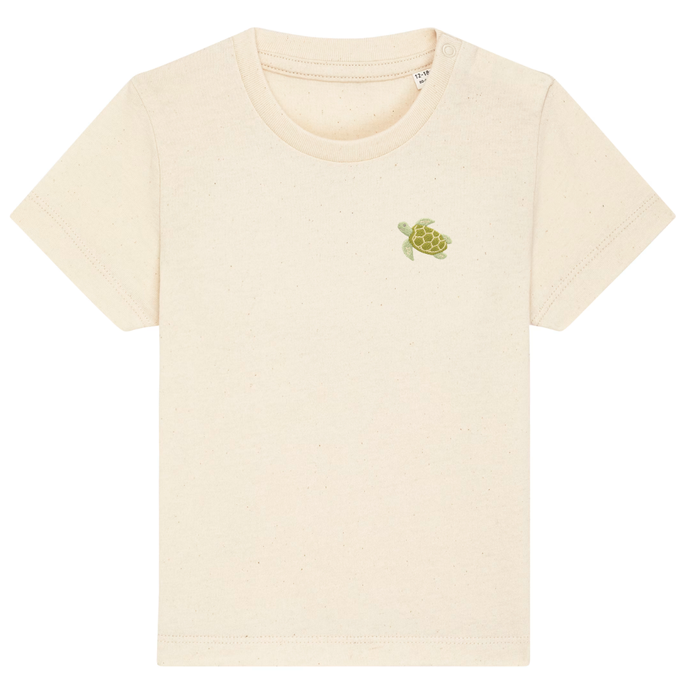 Heytoki Baby-T-Shirt aus Bio-Baumwolle in Natural Raw (Naturweiß) mit gesticktem Schildkrötenmotiv
