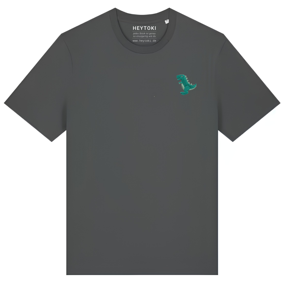 Heytoki Unisex-T-Shirt aus Bio-Baumwolle in Anthrazit mit gesticktem Dinosaurier-Motiv
