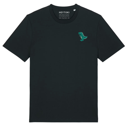 Heytoki Unisex-T-Shirt aus Bio-Baumwolle in Schwarz mit gesticktem Dinosaurier-Motiv
