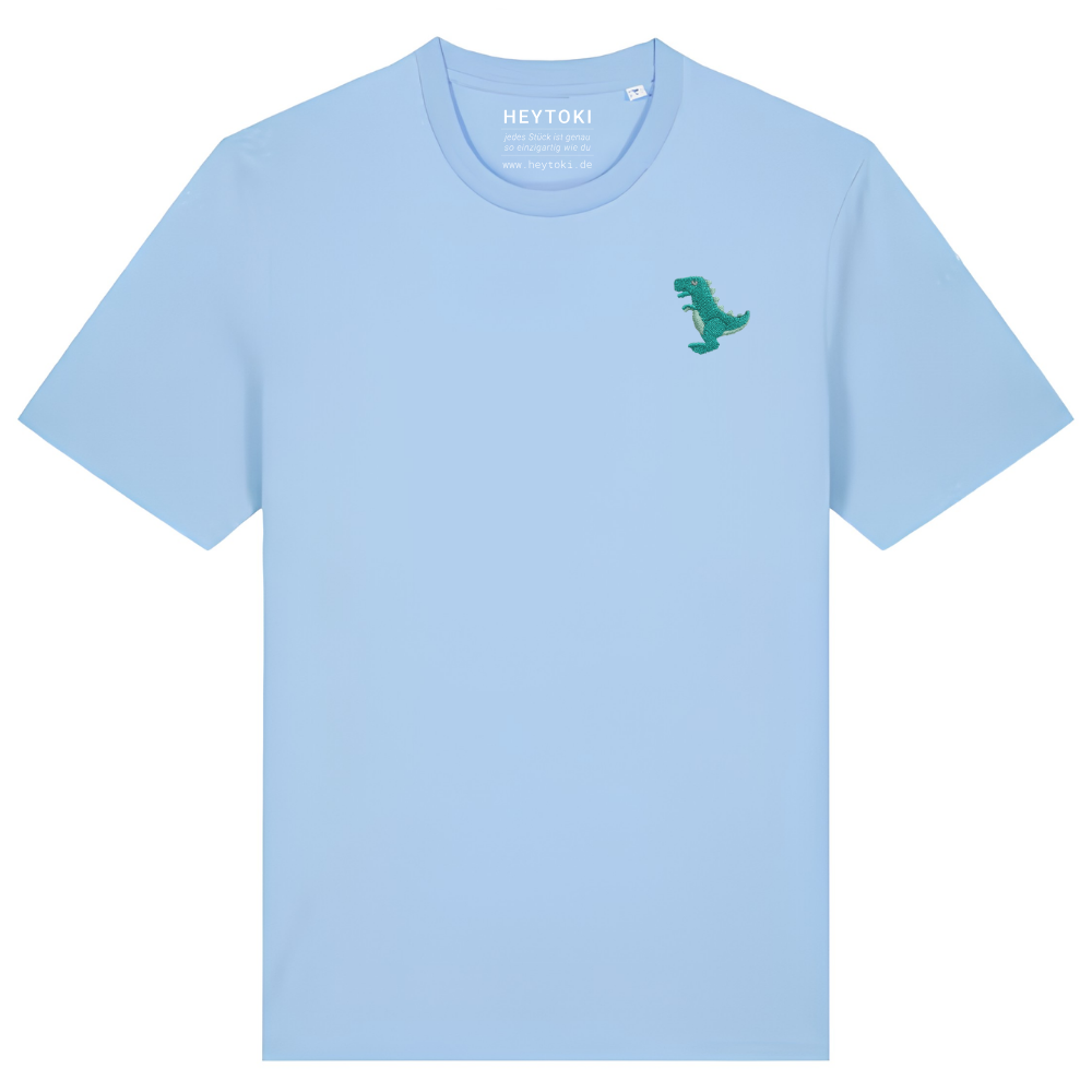 Heytoki Unisex-T-Shirt aus Bio-Baumwolle in Blue Soul (Hellblau) mit gesticktem Dinosaurier-Motiv
