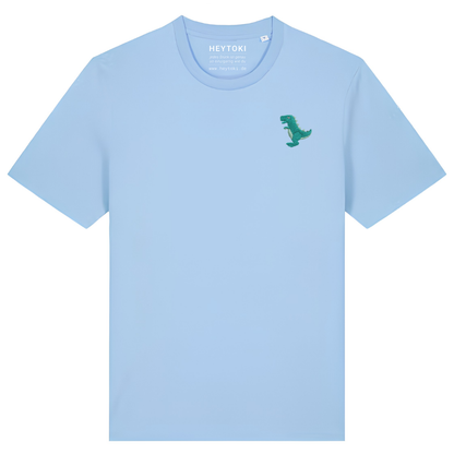 Heytoki Unisex-T-Shirt aus Bio-Baumwolle in Blue Soul (Hellblau) mit gesticktem Dinosaurier-Motiv
