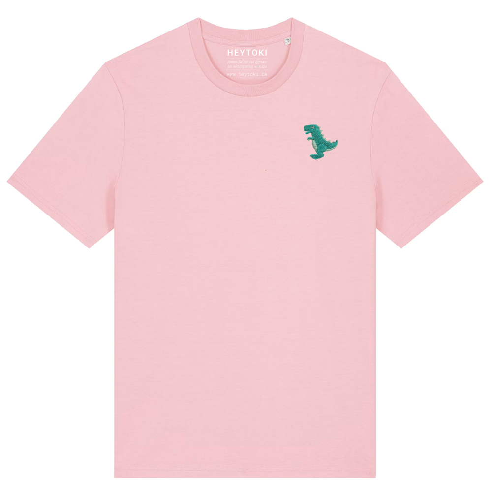 Heytoki Unisex-T-Shirt aus Bio-Baumwolle in Cotton Pink (Rosa) mit gesticktem Dinosaurier-Motiv
