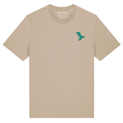 Heytoki Unisex-T-Shirt aus Bio-Baumwolle in Desert Dust (Beige) mit gesticktem Dinosaurier-Motiv
