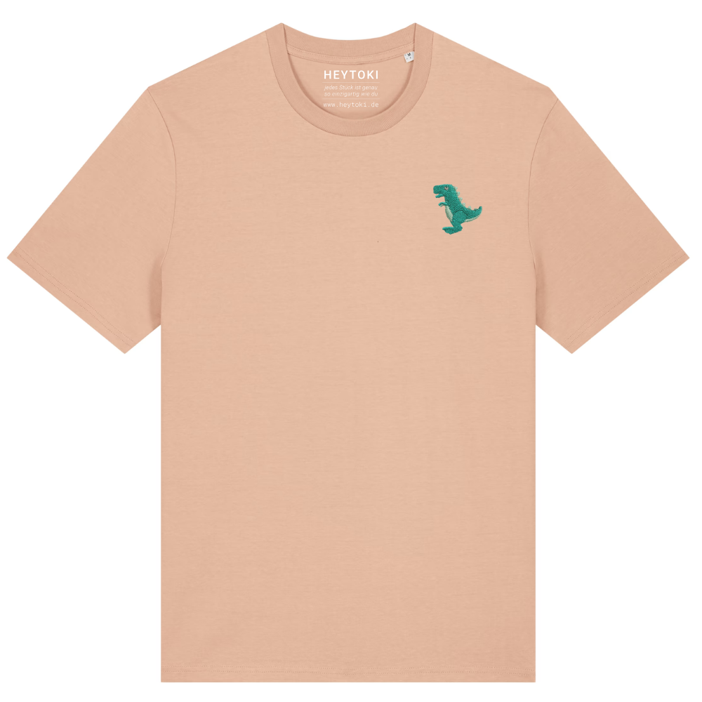 Heytoki Unisex-T-Shirt aus Bio-Baumwolle in Fraiche Peche (Pfirsich) mit gesticktem Dinosaurier-Motiv
