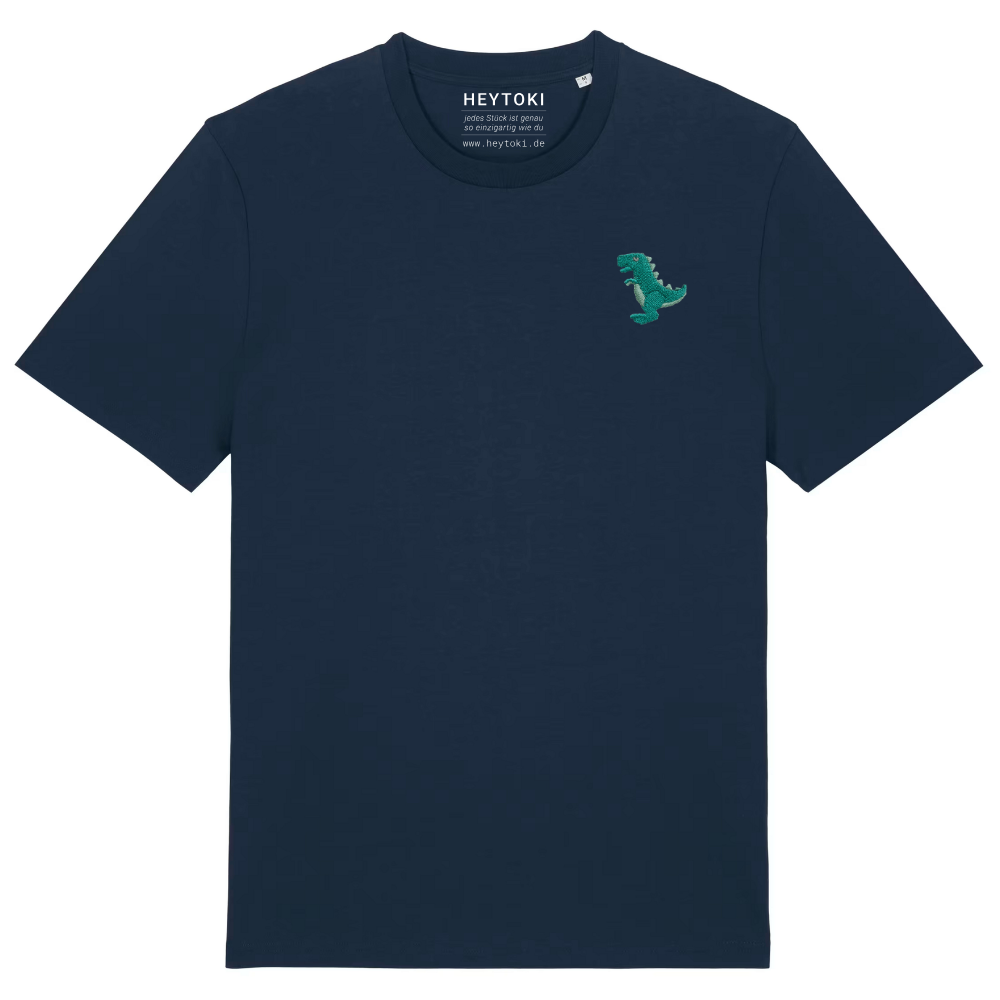 Heytoki Unisex-T-Shirt aus Bio-Baumwolle in French Navy (Dunkelblau) mit gesticktem Dinosaurier-Motiv
