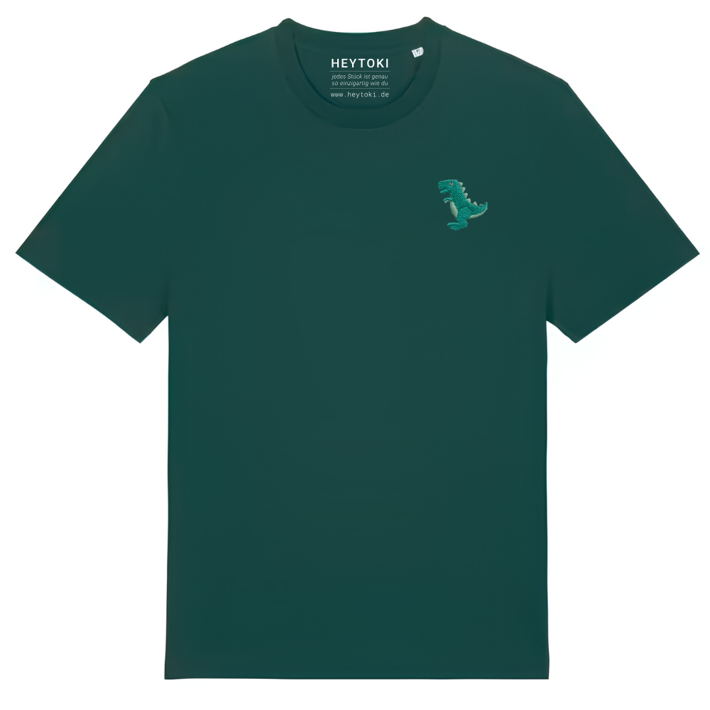 Heytoki Unisex-T-Shirt aus Bio-Baumwolle in Glazed Green (Dunkelgrün) mit gesticktem Dinosaurier-Motiv
