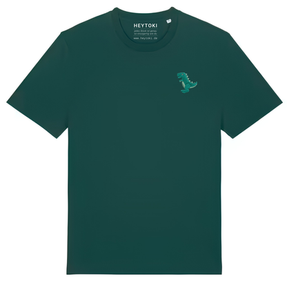 Heytoki Unisex-T-Shirt aus Bio-Baumwolle in Glazed Green (Dunkelgrün) mit gesticktem Dinosaurier-Motiv
