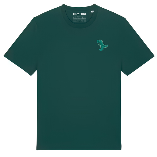 Heytoki Unisex-T-Shirt aus Bio-Baumwolle in Glazed Green (Dunkelgrün) mit gesticktem Dinosaurier-Motiv
