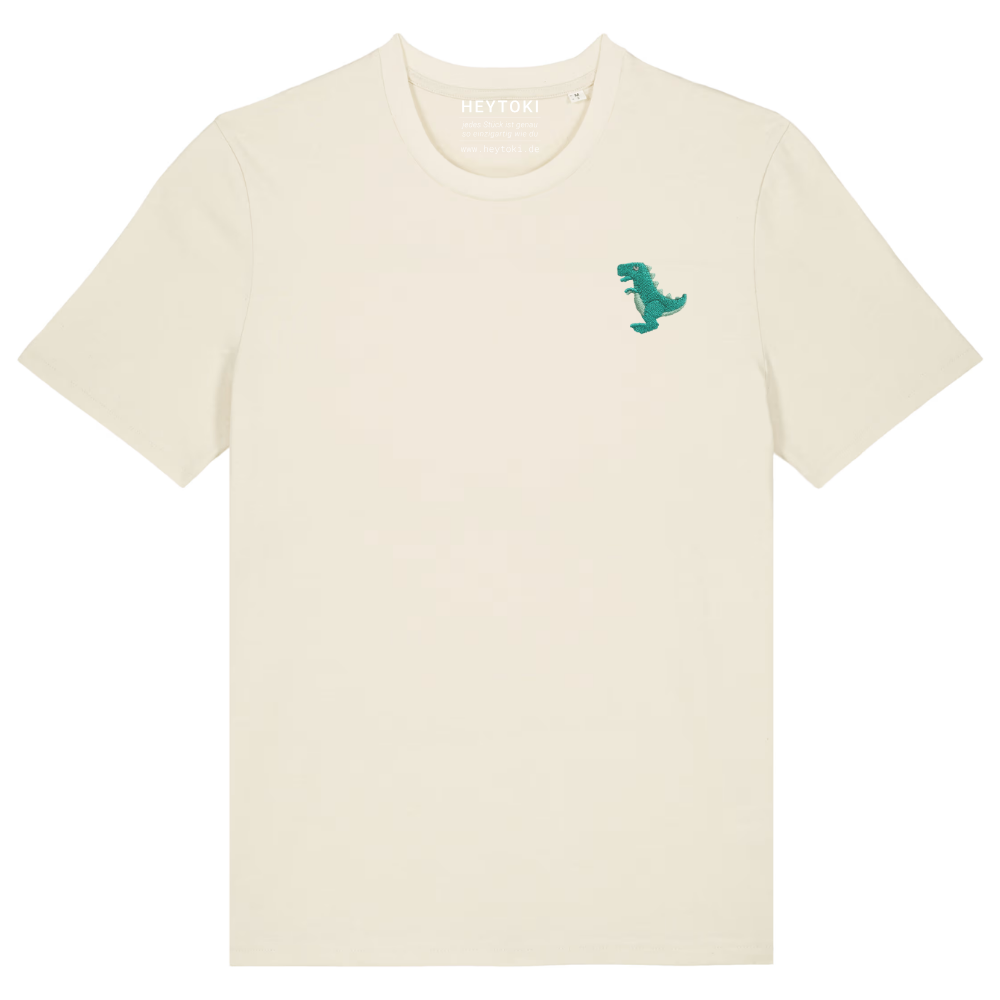 Heytoki Unisex-T-Shirt aus Bio-Baumwolle in Natural Raw (Naturweiß) mit gesticktem Dinosaurier-Motiv
