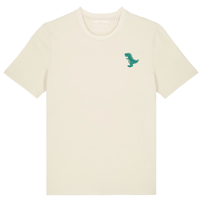 Heytoki Unisex-T-Shirt aus Bio-Baumwolle in Natural Raw (Naturweiß) mit gesticktem Dinosaurier-Motiv
