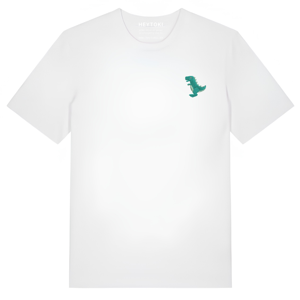 Heytoki Unisex-T-Shirt aus Bio-Baumwolle in Weiß mit gesticktem Dinosaurier-Motiv
