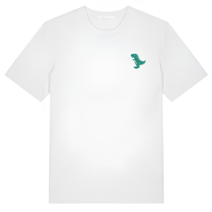 Heytoki Unisex-T-Shirt aus Bio-Baumwolle in Weiß mit gesticktem Dinosaurier-Motiv
