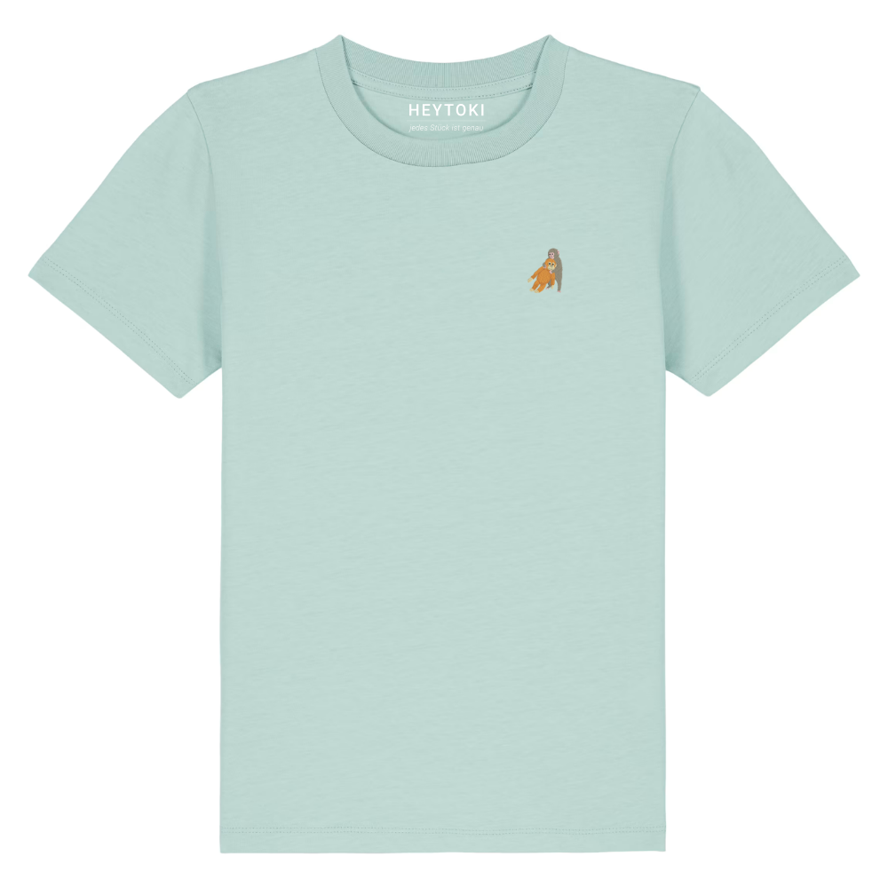 Heytoki Kinder-T-Shirt aus Bio-Baumwolle in Caribbean Blue mit gesticktem Affenmotiv