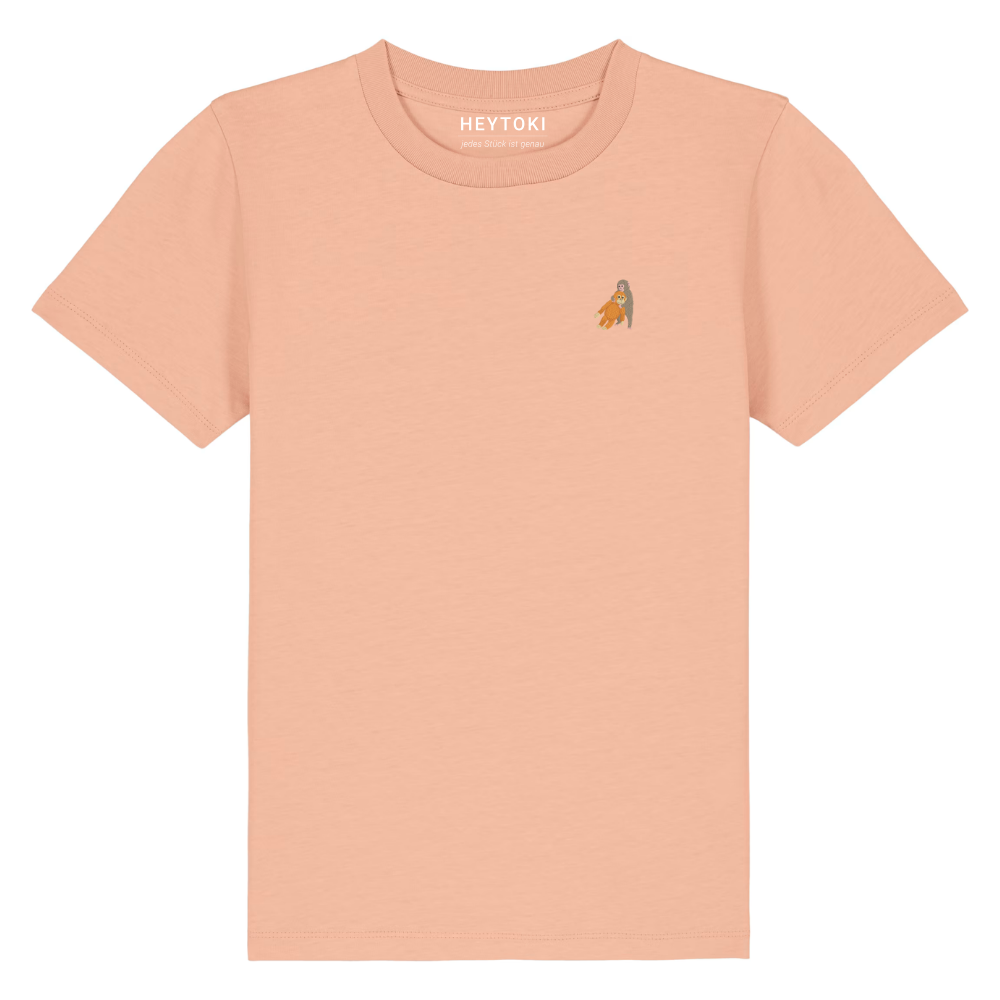 Heytoki Kinder-T-Shirt aus Bio-Baumwolle in Fraiche Peche (Pfirsich) mit gesticktem Affenmotiv