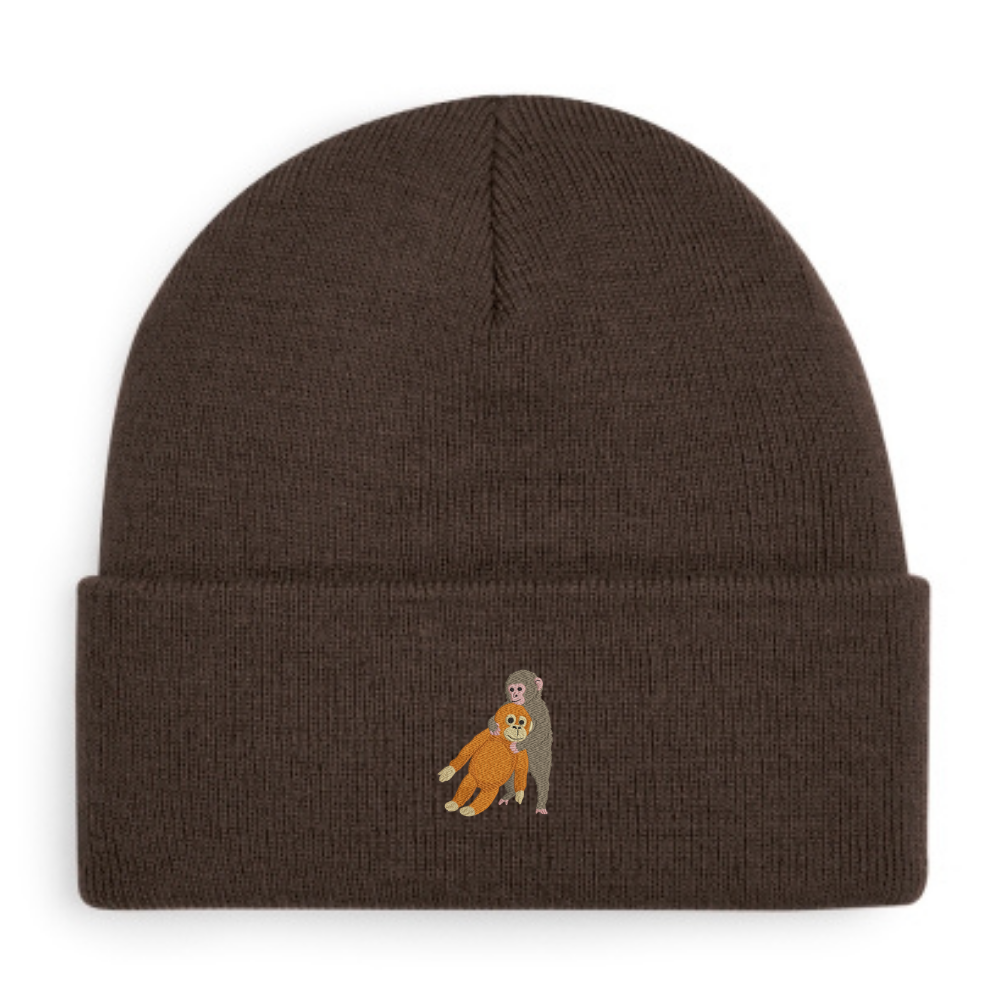 Heytoki Beanie aus Bio-Baumwolle in Chocolate mit gesticktem Affenmotiv