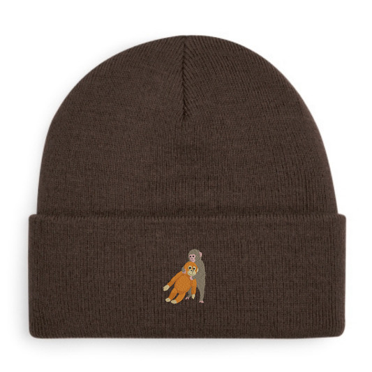 Heytoki Beanie aus Bio-Baumwolle in Chocolate mit gesticktem Affenmotiv