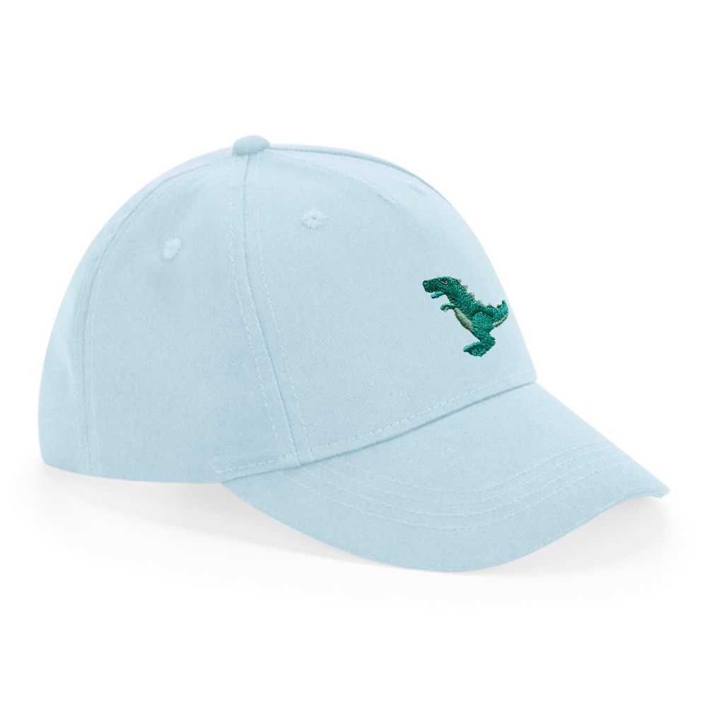 Kids Dino T-rex Cap aus Bio-Baumwolle in pastellblau von Heytoki