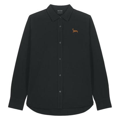 Dackel Oxfordhemd für Damen in schwarz aus Bio Baumwolle mit gesticktem Dackel Herrmann auf der Brust