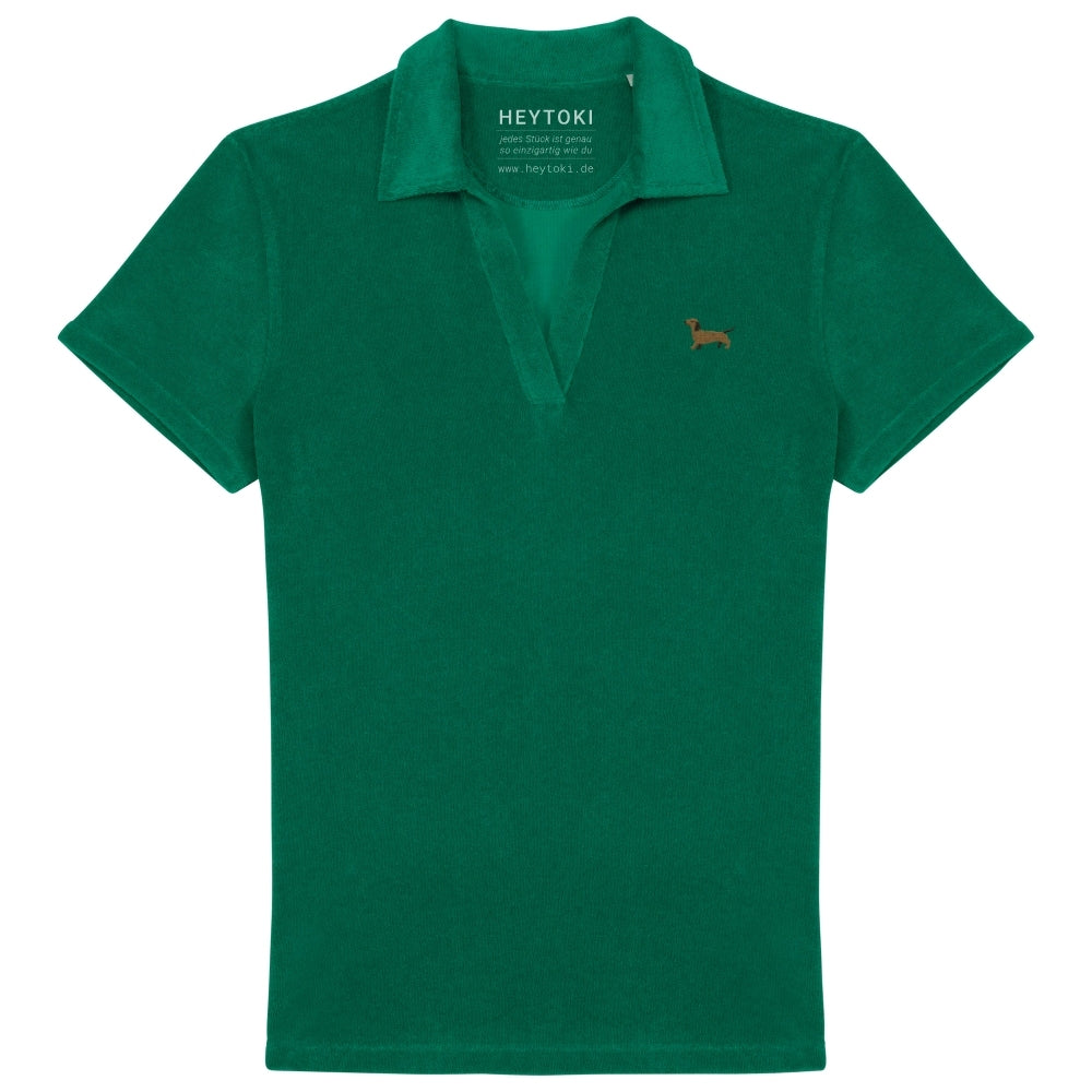 Damen Frotte Polo T-Shirt mit Dackel Stick in dunkelgrün
