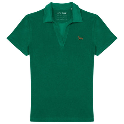 Damen Frotte Polo T-Shirt mit Dackel Stick in dunkelgrün