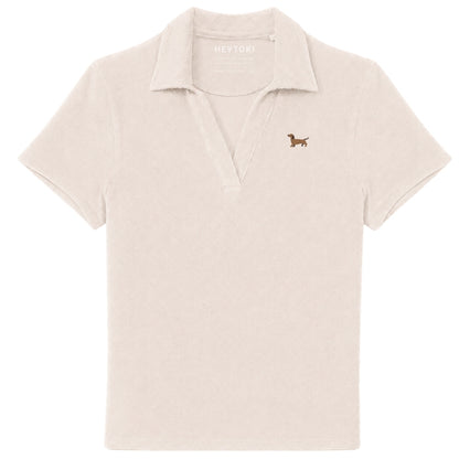 Damen Frotte Polo T-Shirt mit Dackel Stick in beige 