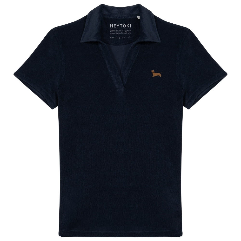 Damen Frotte Polo T-Shirt mit Dackel Stick in dunkelblau 
