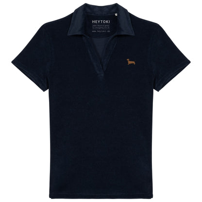 Damen Frotte Polo T-Shirt mit Dackel Stick in dunkelblau 