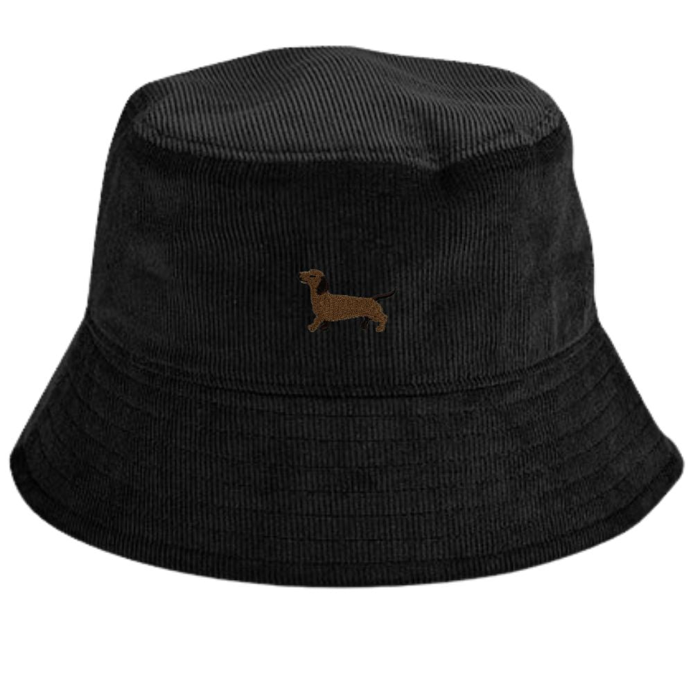 Schwarzer Dackel Fischerhut aus Cord mit gesticktem Dackelmotiv
