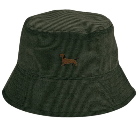 Dackel Fischerhut aus grünem Cord mit gesticktem Dackelmotiv aus Bio-Baumwolle