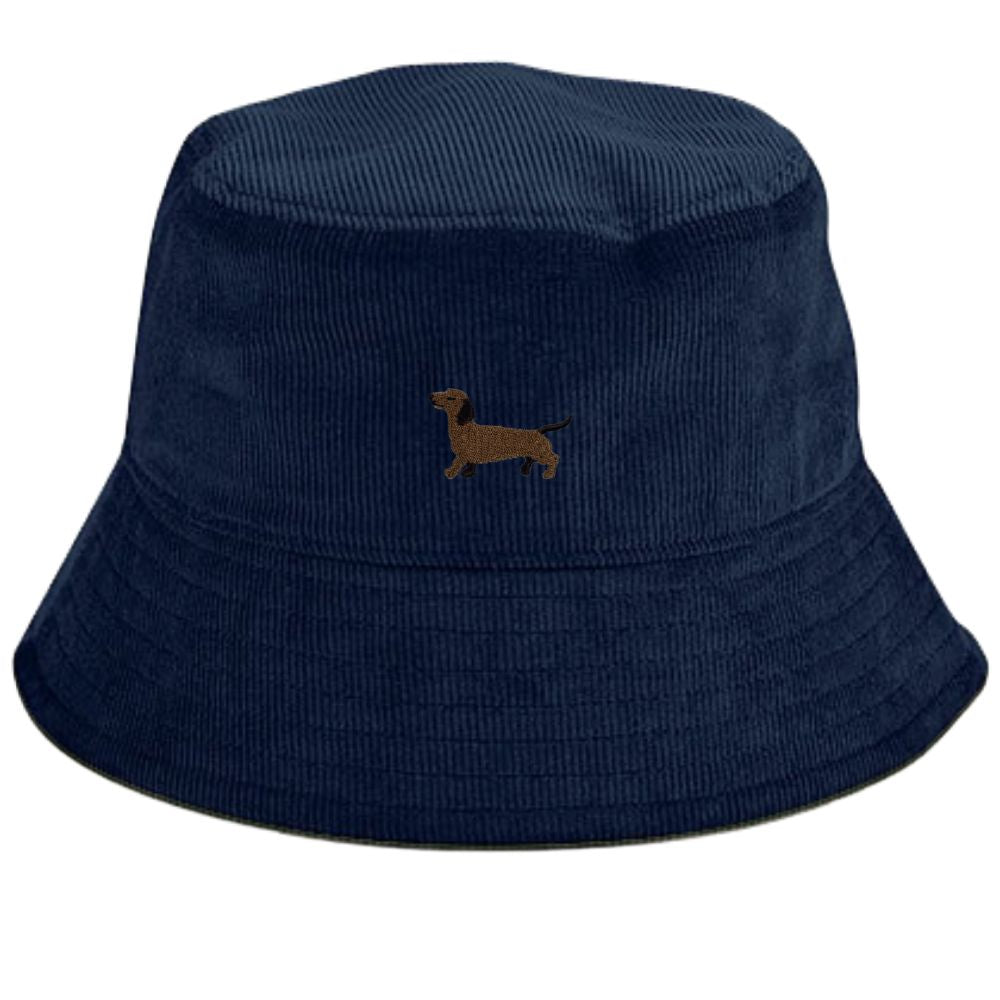 Dackel Fischerhut aus dunkelblauem Cord mit gesticktem Dackelmotiv