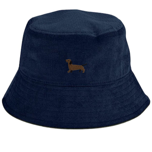 Dackel Fischerhut aus dunkelblauem Cord mit gesticktem Dackelmotiv