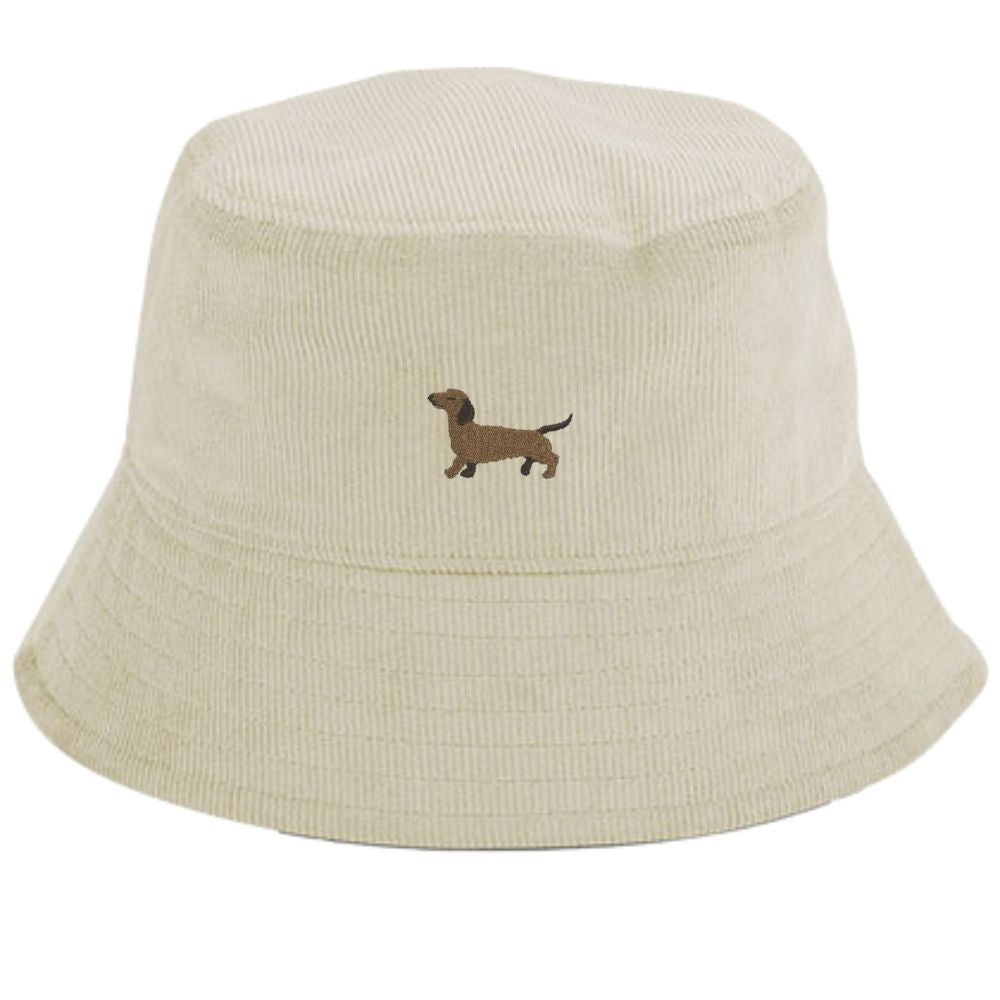 Dackel Fischerhut aus beigem Cord mit gesticktem Dackelmotiv