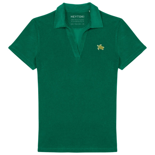 Grünes Frottee Poloshirt für Damen aus Bio Baumwolle mit gestickter Schildkröte Nacho auf der Brust.