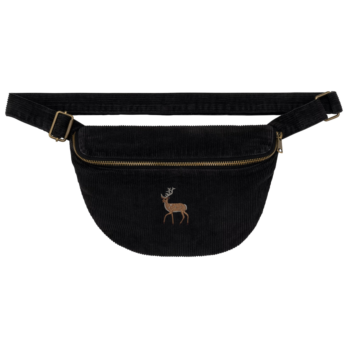 Schwarze Hirsch Cord-Bauchtasche mit gesticktem Hirsch-Motiv