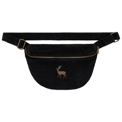 Schwarze Hirsch Cord-Bauchtasche mit gesticktem Hirsch-Motiv