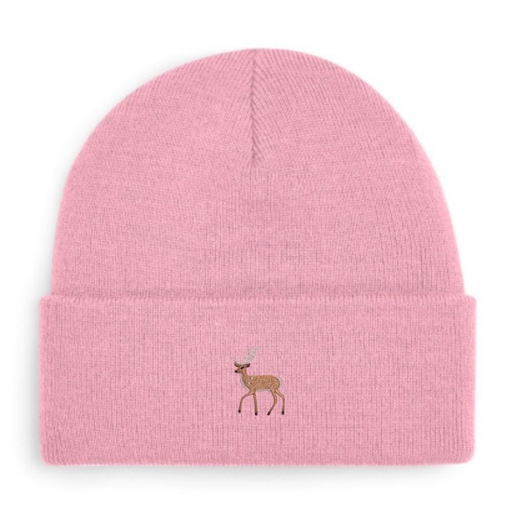 Hirsch-Beanie in Rosé mit gesticktem Hirsch-Motiv