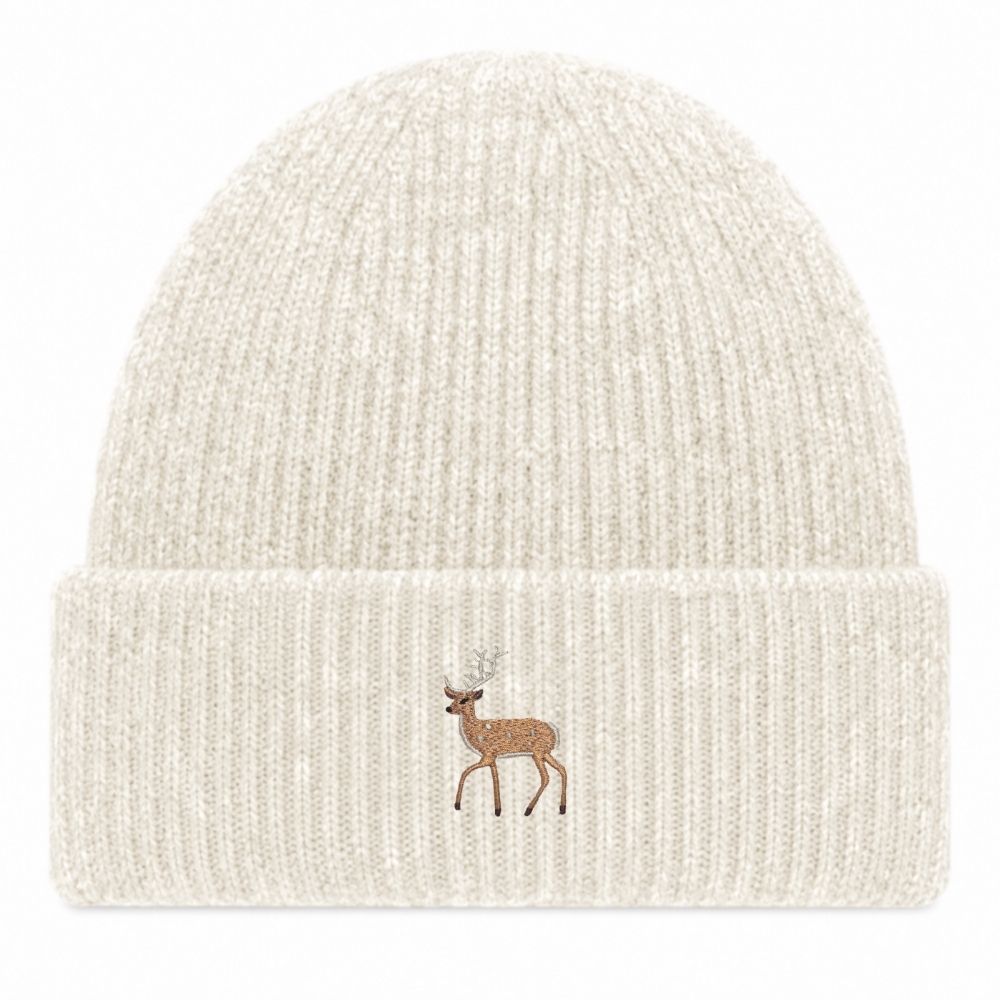 Hirsch Beanie Extraweich in Almond Marl mit gesticktem Eckhard, Vorderansicht