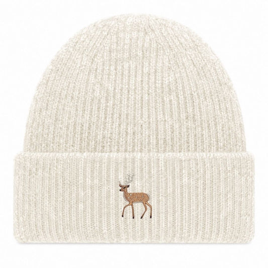 Hirsch Beanie Extraweich in Almond Marl mit gesticktem Eckhard, Vorderansicht