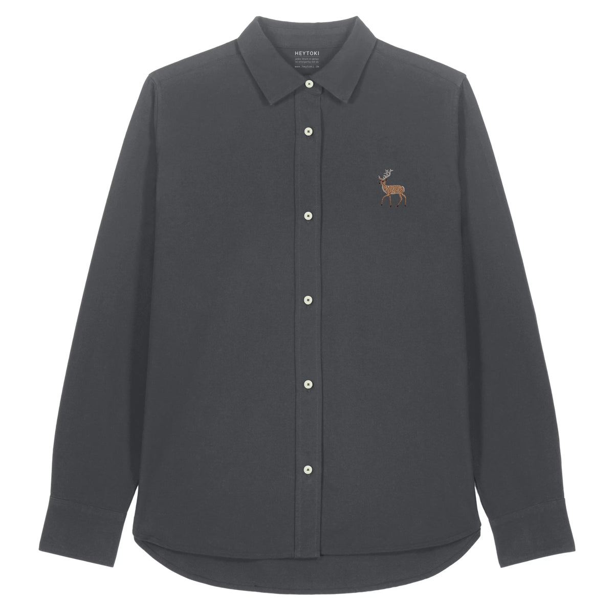 Hirsch Damen Oxfordhemd aus Bio-Baumwolle in Anthracite mit gesticktem Eckhard, Vorderansicht