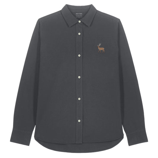 Hirsch Damen Oxfordhemd aus Bio-Baumwolle in Anthracite mit gesticktem Eckhard, Vorderansicht