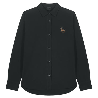 Hirsch Damen Oxfordhemd aus Bio-Baumwolle in Black mit gesticktem Eckhard, Vorderansicht