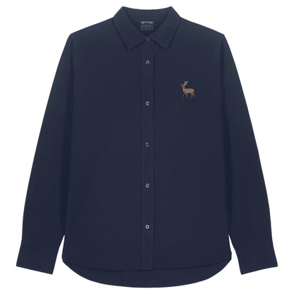 Hirsch Damen Oxfordhemd aus Bio-Baumwolle in Oxford Navy mit gesticktem Eckhard, Vorderansicht