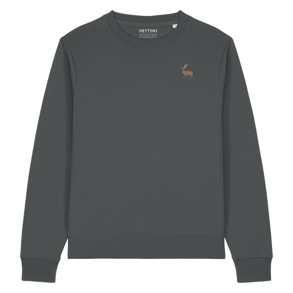Hirsch Damen Sweater aus Bio-Baumwolle in Anthracite mit gesticktem Eckhard, Vorderansicht