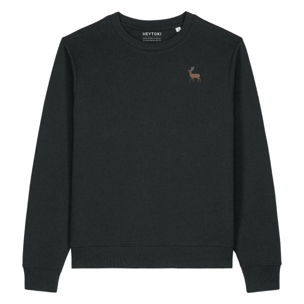 Hirsch Damen Sweater aus Bio-Baumwolle in Black mit gesticktem Eckhard, Vorderansicht