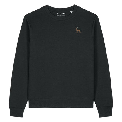 Hirsch Damen Sweater aus Bio-Baumwolle in Black mit gesticktem Eckhard, Vorderansicht